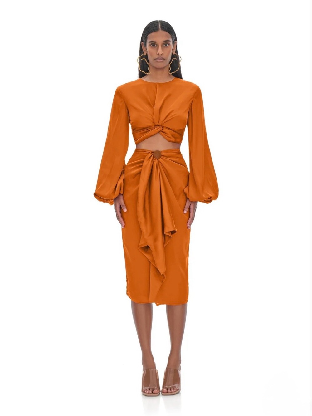 Andrea Iyamah Behati Rust Color Satin Two-Piece Top and Draped Skirt